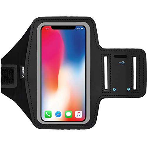 i2 Gear Cell Phone Armband Case for iPhone Se, 8, 7, 6, 6S, Galaxy S7, S6, S5, Medium Sizes with Adjustable Arm Strap & Key Holder - Black