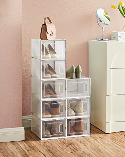 SONGMICS Shoe Boxes, Pack of 8 Stackable Shoe Storage Organisers, Foldable and Versatile for Sneakers, Fit up to UK Size 11, Transparent and White LSP08MWT