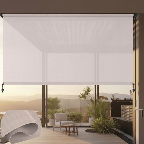 OMtnMen Outdoor Roller Shade for Patio Gazebo Pergola or Porch 8' W x 8' H, 420GSM New Material with 5% Openness Roll Up Cordless Waterproof UV Protection with Splicing Design(Light Brown) by OMtnMen - Used condition - US$59.99