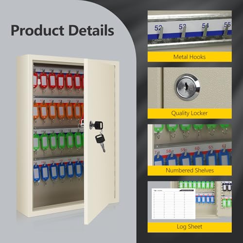 Image of SHANTRA Key Box Cabinet, Wall Mount 64 Position Metal Locking Key Cabinet Organizer - Key Storage Box with Key Tags, Adjustable Lockbox for Keys, Secure Holder for Home, Hotels, and Valets - White