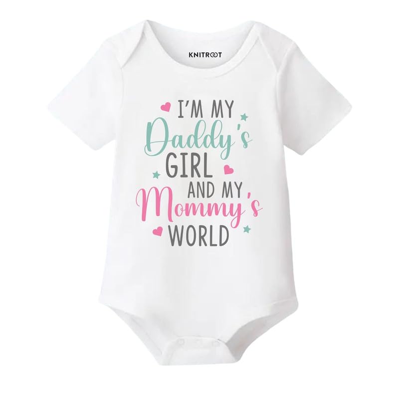 KNITROOT Mom & Dad Family Special Onesies, Unisex Baby Kids Cotton Lycra Envelope Neck Half Sleeve White Romper, Bodysuit, Sleepsuit, Daddy's Girls And My Mommy's World, Infant Cloths for Boys & Girls