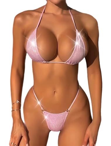 Bikini Mujer Tanga Brillante de Dos Piezas, Rosa, Diseño Halter con Detalles Metálicos (FR/ES, Letras, M, Regular, Regular, Rosa)
