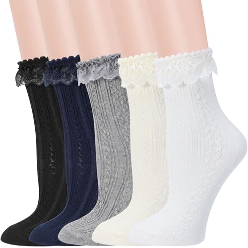 Jspupifip Womens Lace Crew Socks Ruffle Frilly Cotton Cute Princess Ankle Dress Lace Socks for Women Girls 5 Pack