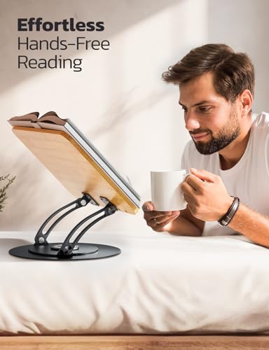 image for Nulaxy Bamboo 360 Rotating Book Stand for Reading, Adjustable Textbook