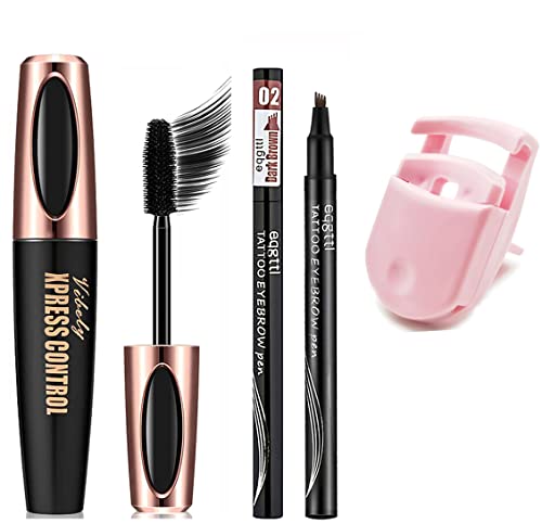 Silk Fiber Mascara for Longer, Voluminous Eyelashes,Natural Waterproof Smudge-Proof, With Eyelash Curler Thicker,All Day Exquisitely Long, Smudge-Proof Eyelashes 3 styles (Set A)