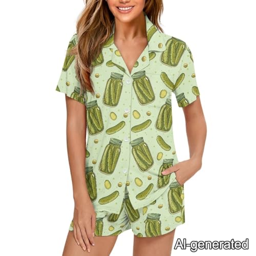 Image of Renewold Women's Short Sleeve Pajama Set Button Down Sleepwear with Notch Collar Soft Lounge Top and Shorts with Pockets