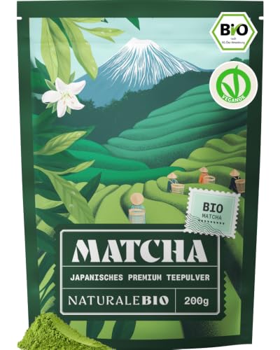 NaturaleBio Matcha Tee Pulver Bio - Premium-Qualität - 200g. Original Green Tea aus Japan. ideal zum Trinken. Grüntee-Pulver für Latte, Smoothies, Matcha-Getränk. Hergestellt in Uji,...