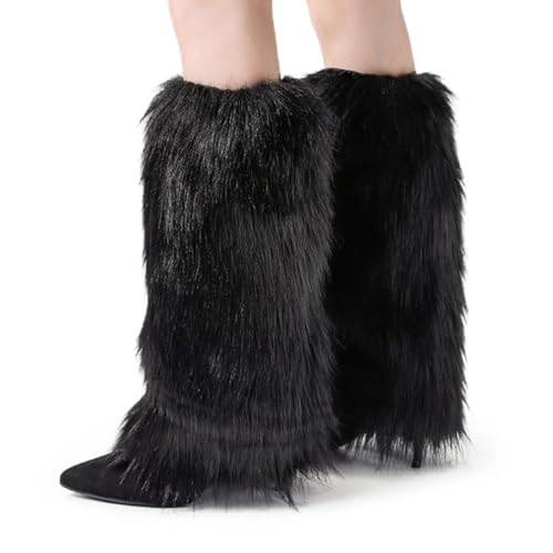 QckZee Damen Beinstulpen aus Kunstfell – Flauschige Leg Warmers für Festival, Weihnachten & Winter – Furry Stulpen für Stiefel, Kostüm & Alltag (Schwarz)