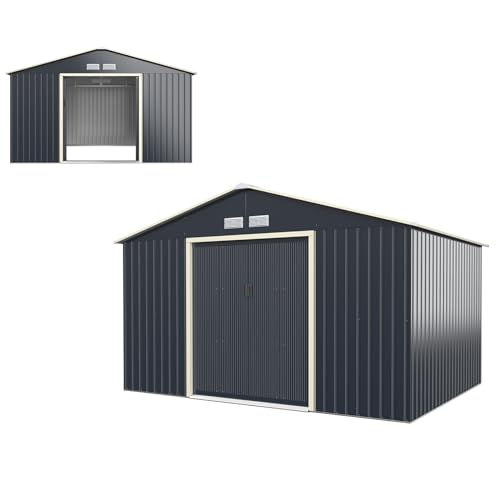 HOMASIS Gerätehaus Metall, Geräteschuppen mit Satteldach & 4 Lüftungsfenster & 2 Schiebetür, Gartenhaus Gartenschuppen Gartenhütte Metallschuppen Metallhaus Outdoor Wetterfest, Grau (340x255x210cm)