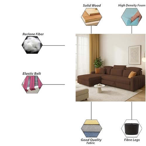 Image of Casaliving Gagnon LHS 4 Seater L Shape Corner Sofa Cum Bed for Living Room (Brown Fabric) Premium Fabric Sofa