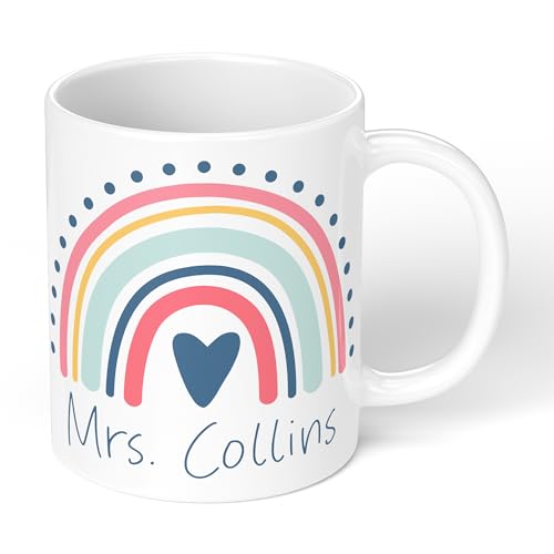 Print Maniacs Thank You Teacher Mug Personalised with Name Rainbow Design Teacher Appreciation Gift Custom Tea Coffee Cup End of Term Gift Leaving Christmas 11oz Ceramic