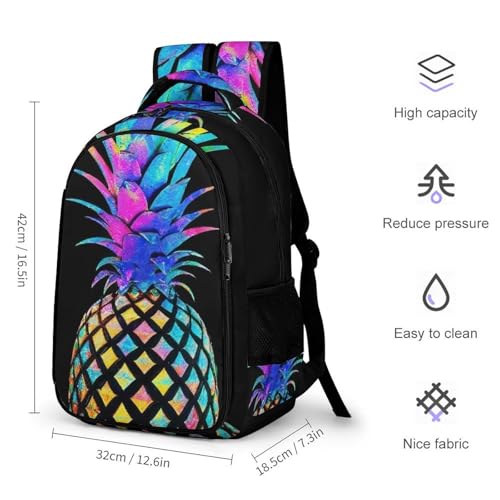 Unisex Backpack with Side Pockets, Women Men Durable Spacious Backpack, Colorful Pineapple Black Comfy Shoulder Bag for Travel, Daily Commuting2