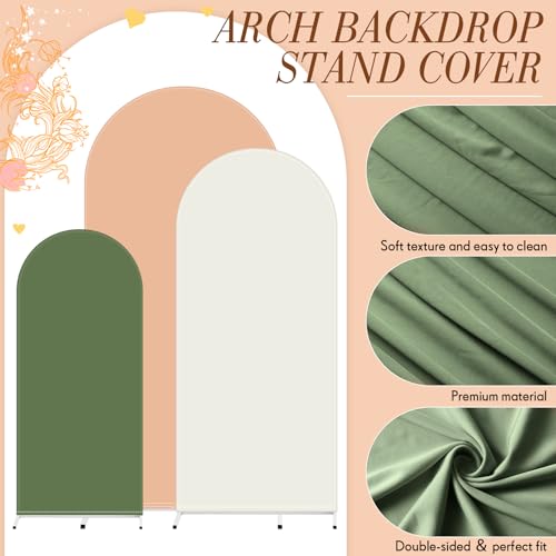Image of VitalCozy Set of 3 Wedding Arch Cover 6ft, 6.5ft, 7.2ft Fabric Arch Backdrop Cover Double Sided Fitted Spandex for Baby Shower Birthday Party Decoration, Frame Not Included(Beige Green Series)