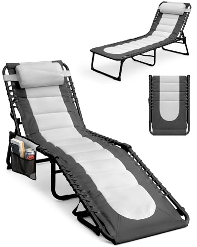 KEPLIN Foldable Sun Lounger Chair - Padded Two Tone Outdoor Garden Recliner 4 Position Adjustable Backrest 600D Oxford Fabric Portable Patio Camping Deck Chair - 110kg Capacity