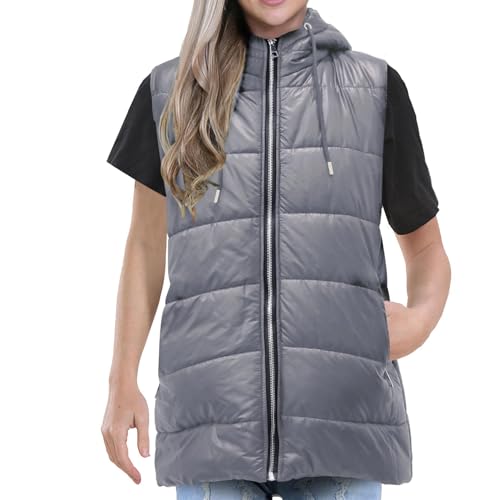 Gilet matelassé acier gris à capuche coupe longue et ample pour femme