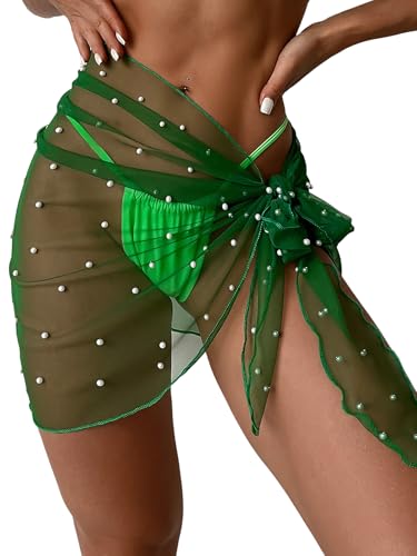 Image of GORGLITTER Women's Cover Up Sarong Wrap Skirt Bachelorette Outfits for Bride Sheer Mesh Bridal Swimsuit Pearl Bathing Suit