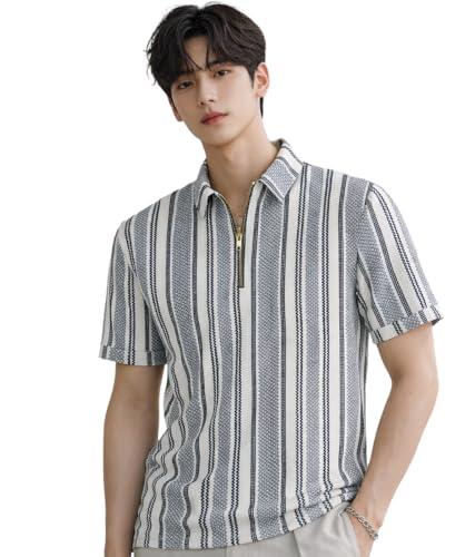 Image of London Hills Men's Loose Fit Half Sleeve Vertical Striped Polo T-Shirt with Zip Collar | Premium Polyester Fabric | T Shirt for Man | Tshirt | Shirts Men | Tshirt for Man | Men T-Shirts