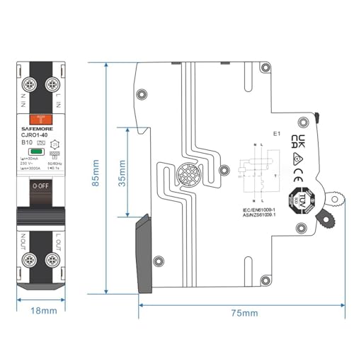 SAFEMORE FI/LS-Schalter 10A 30mA 1P+N Typ A - RCBO Bidirektionaler Fehlerstromschutzschalter mit 6kA Schaltvermögen, B10 Kurve B, TÜV-Zertifizierung - DIN-Hutschiene, Grau