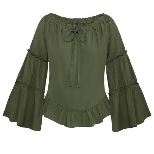 SCARLET DARKNESS Damen Mittelater Bluse Schulterfrei Langarm Renaissance Oberteile mit Rüschen Tuniken Bluse Vintage Olivgrün L