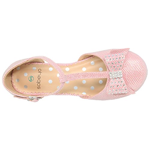SOBEYO Girls Low Heels Pumps T-Strap Bow Accent Glitter Rhinestone Mary Jane Kids Sandals4