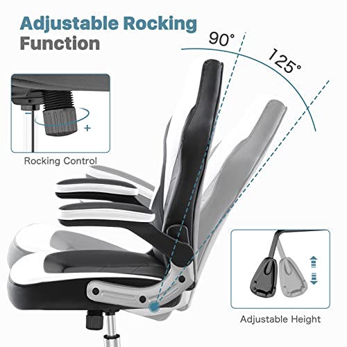 MCQ Ergonomic Chair PU Leather with Padded Flip-up Armrests and Lumbar Support, Height Adjustable, Swivel Rolling, Rocking Function, for Computer Desk, Working, Studying, Gaming, White - Image 7