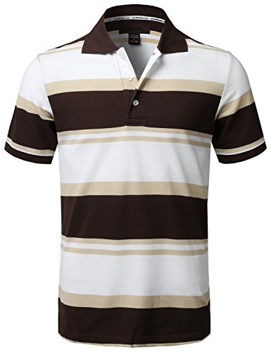 Youstar Basic Casual Short Sleeves Stripe 3 Button Placket Polo Shirt Brown Size M