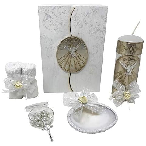 Catholic Baptism Candle Set in a Wooden Box with Towel, Candle, Rosary and Shell for Baby Boys and Girls. Handmade in Mexico Gift for Godparents. Holy Spirit Baptism Kit Kit de Bautizo. Cover
