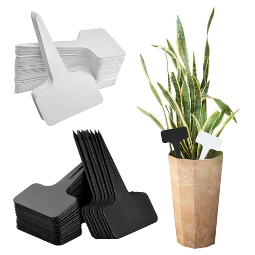 LINGJIA 100 Pezzi Etichette per Piante, di Cartelli per Piante In Bianco e Nero, Cartelli per Fiori, Tappi per Piante, Cartellini per Piante a Forma di T per Esterni, Giardino, Piante in Vaso