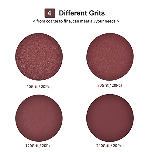 125 mm schuurpapier (40/80/120/240), 125 mm schuurschijven voor excentrische schuurmachine, 5 inch klittenband-schuurbladen voor houtmaterialen, spaanplaat, metaal (80 stuks, zonder gaten) - Afbeelding 6