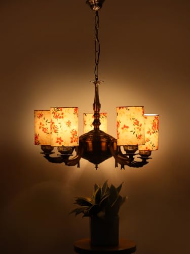 Image of Devansh 05-Light Round Printed Multicolor Cotton Shade Chandelier - Antique Golden Finish | Adjustable Cord | Warm Glow Lamp - Ceiling Light for Living Room, Dining Area, BedroomDecor - D16