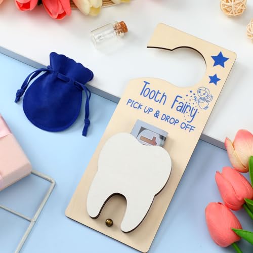 Image of DoubleFill Fairy Tooth Gift Holder Bag Door Hanger Lost Teeth Keepsake Box Tooth Fairy Kit Stores Back to School Gift for Lost Teeth Boy Girl Primary School Classroom Gifts(Classic,Dark Blue)