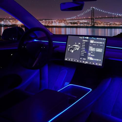 Nestour Interior Car Neon Lights Fit for Tesla Model 3 Y 2021 2022 2023 (Center Console+Dashboard+2 Foot Lights) with Armrest Organizer Tesla Ambient Lighting APP-Controlled RGB LED Strip Lights