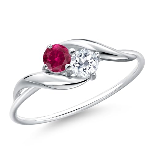 Gem Stone King 10K White Gold Round Red Created Ruby and White Topaz Ring For Women (0.47 Cttw, Round 3.5MM, Gemstone July Birthstone, Available in Size 5,6,7,8,9)