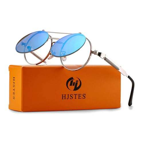 HJSTES Round Flip Up Sunglasses for Men Women Circle Rave Glasses 90's Vintage Steampunk Style2