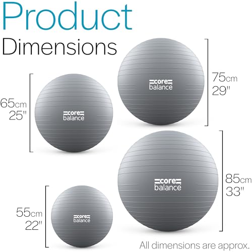 Image of Core Balance Exercise Ball, Stability Ball for Yoga, Pilates and Fitness, Gym Ball for Home Gym and Office Chair, Training, Physical Therapy, Anti Burst, Pump Included, 55cm 65cm 75cm 85cm