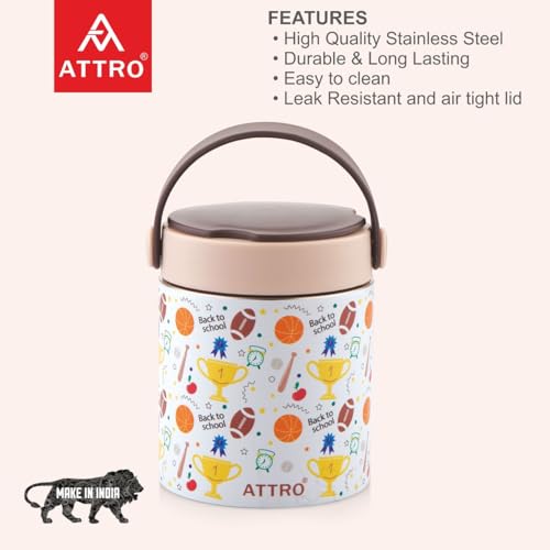 Image of ATTRO Happy Go Vacuum Insulated ISI Certified Stainless Steel Soup Jar 500ml, Leakproof & BPA Free for Kids & Adults, Long Temperature Retention,Ideal for School, Office & Travel - Sports Trophy Brown