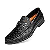 Classic Men’s Leather Dress Shoes, Casual Ostrich Patterned with Buckle Slip-On Penny Loafers for Weddings, Parties, and Business, Formal Dress Shoes for Men, Black