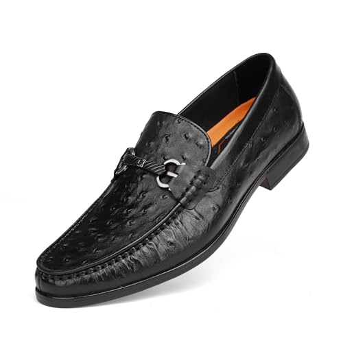 Classic Men's Leather Dress Shoes, Casual Ostrich Patterned with Buckle Slip-On Penny Loafers for Weddings, Parties, and Business, Formal Dress Shoes for Men, Black