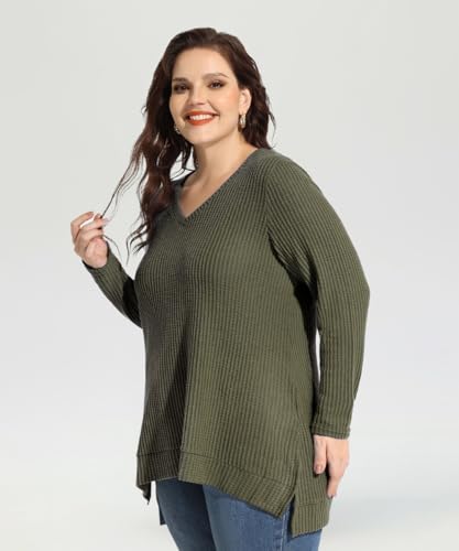 Image of RITERA Plus Size Women Sweaters Waffle Knit Pullover Top Long Sleeve Casual Crewneck Shirt Loose Split Hem Fall Winter Blouse