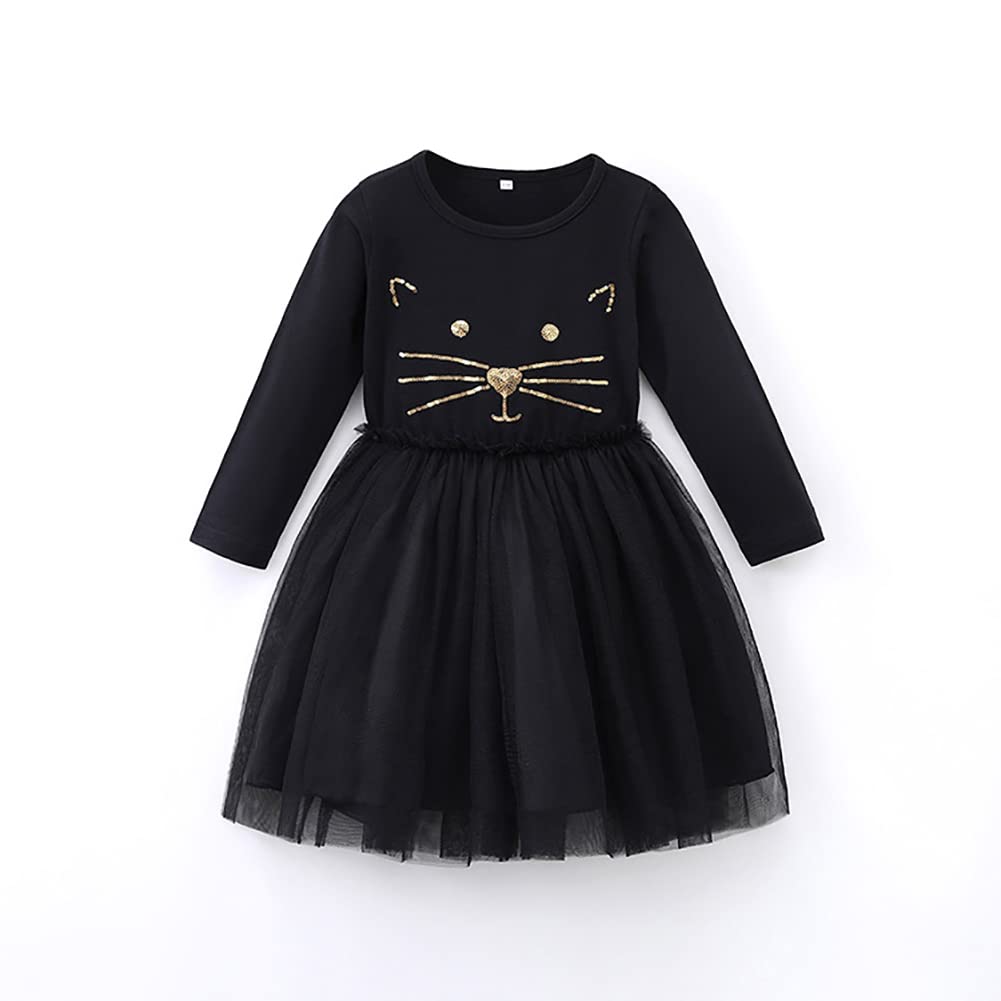 Toddler Kids Baby Girls Long Sleeve Black Cat Print Tutu Dress Princess Pageant Birthday Party Gown Ruffle Tulle Tutu Skirt Casual Playwear Winter Fall Clothes Fancy Dress up Black Cat 5-6 Years
