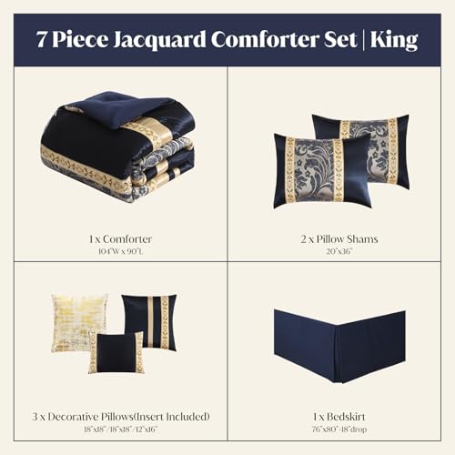 Image of CozyDH Luxury Comforter Set King Size, Navy Blue Gold - 7 Piece Bed in a Bag Jacquard Vintage Floral Damask, All Season Down Alternative Bedding with Bed Skirt, Shams, Decorative Pillows, 104x90 in