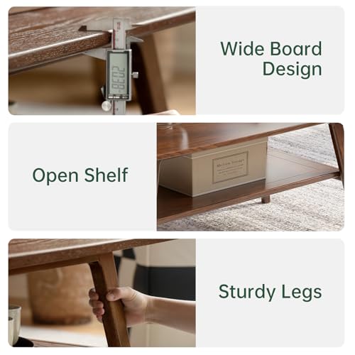 100% Solid Wood Coffee Table for Living Room, 31.5" Small Tables with Shelf Storage, Mid Century Modern Storage Coffee Table with Rounded Corners (Oak Wood Walnut Color) by Vadisun - Image 4