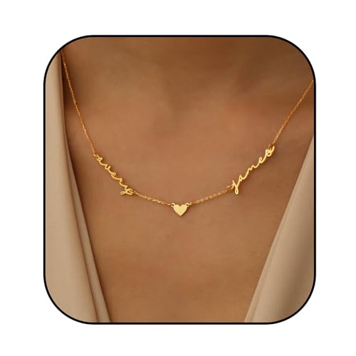 Kiddo Sky Collar con Nombre Personalizado con Cadena Curva, Placa con Nombre Bañada en Oro de 18 Quilates, Regalo de Joyería Personalizado para Mujeres Mamás Esposas (Collar 2 Nombres con Corazón)