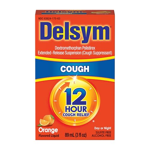 Delsym 12 Hour Cough Medicine for Adults, Powerful Relief for 12 Hours, Cough Suppressant Liquid with Extended-Release Dextromethorphan, Orange Flavor Liquid Cough Syrup, 3 Fl Oz (Pack of 1)
