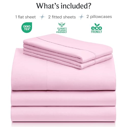Image of LuxClub 5 PC Sheet Set Bed Sheets Deep Pockets 16 inch Eco Friendly Wrinkle Free Cooling Machine Washable Hotel Bedding Silky Soft - Powder Pink Split King