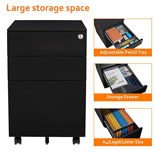 Sightlife Gabinete de Archivos Móvil con Cerradura y Cajones Mueble Archivador Cajonera de Oficina con 3 Cajones para Documentos de Oficina, Carpetas Suspendidas Almacenamiento 39 x 50 x 60 cm Negro - imagen 4