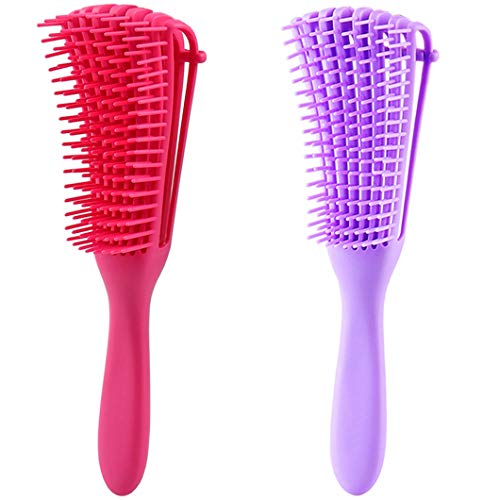 2 Pack Detangling Brush for Natural Black Hair Detangler for Afro America Textured 3a to 4c Kinky Curly Wavy Eliminate Knots While Exfoliating Stimulate Blood Circulation (Hot Pink & Purple)