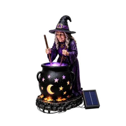 Image of Solar Witch Statue with Glowing Cauldron,Outdoor Halloween Garden Light