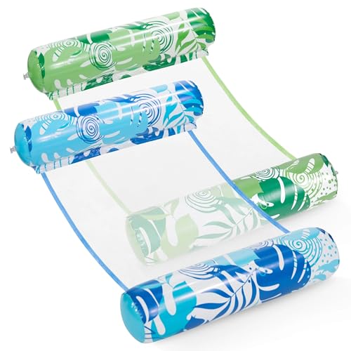 SLOOSH 2 Packs Tropical Leaves Hammock Pool Floats Adults, 4-in-1 Multi-Purpose Inflatable Pool Floats PVC Water Hammock Lounge Floaties (Blue&Green)