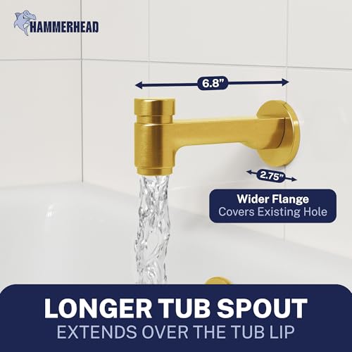 HammerHead Solid Brass Tub Spout with Spring-Loaded Diverter, 6.8" Length, 1/2" FNPT or 3/4" MNPT Thread-On Bath Tub Spout, Heavy-Duty Bathtub Faucet, Brushed Gold by HammerHead Showers - Image 5